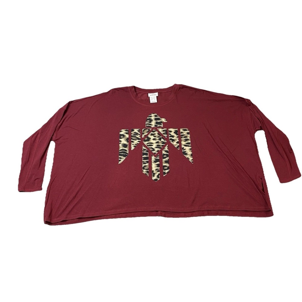Ariat Jungle Queen Top Dark Red Leopard Print Thunderbird Oversized Cropped XL